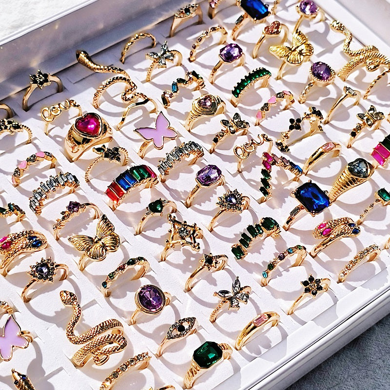 20pcs Yicen Ring Set for Women & Girls - Elegant Rose Golden Plated with Colorful Cubic Zirconia, Butterfly, Snake, Floral Designs - Trendy Mixed Styles in 16mm-19mm Sizes, Quick Shipping
